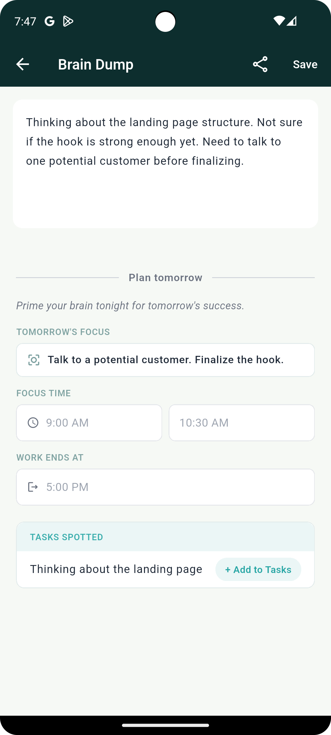 GlancePath Brain Dump screen for nightly reflection and tomorrow's focus