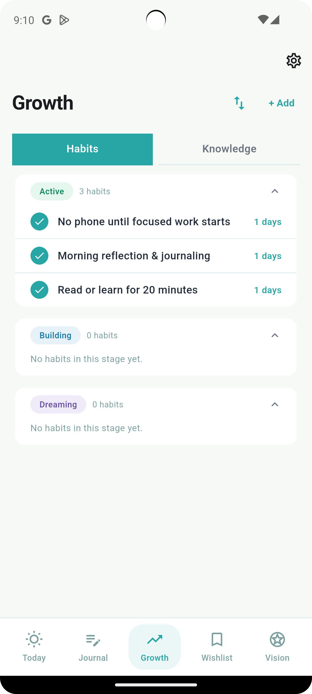 GlancePath Growth screen showing habits by stage