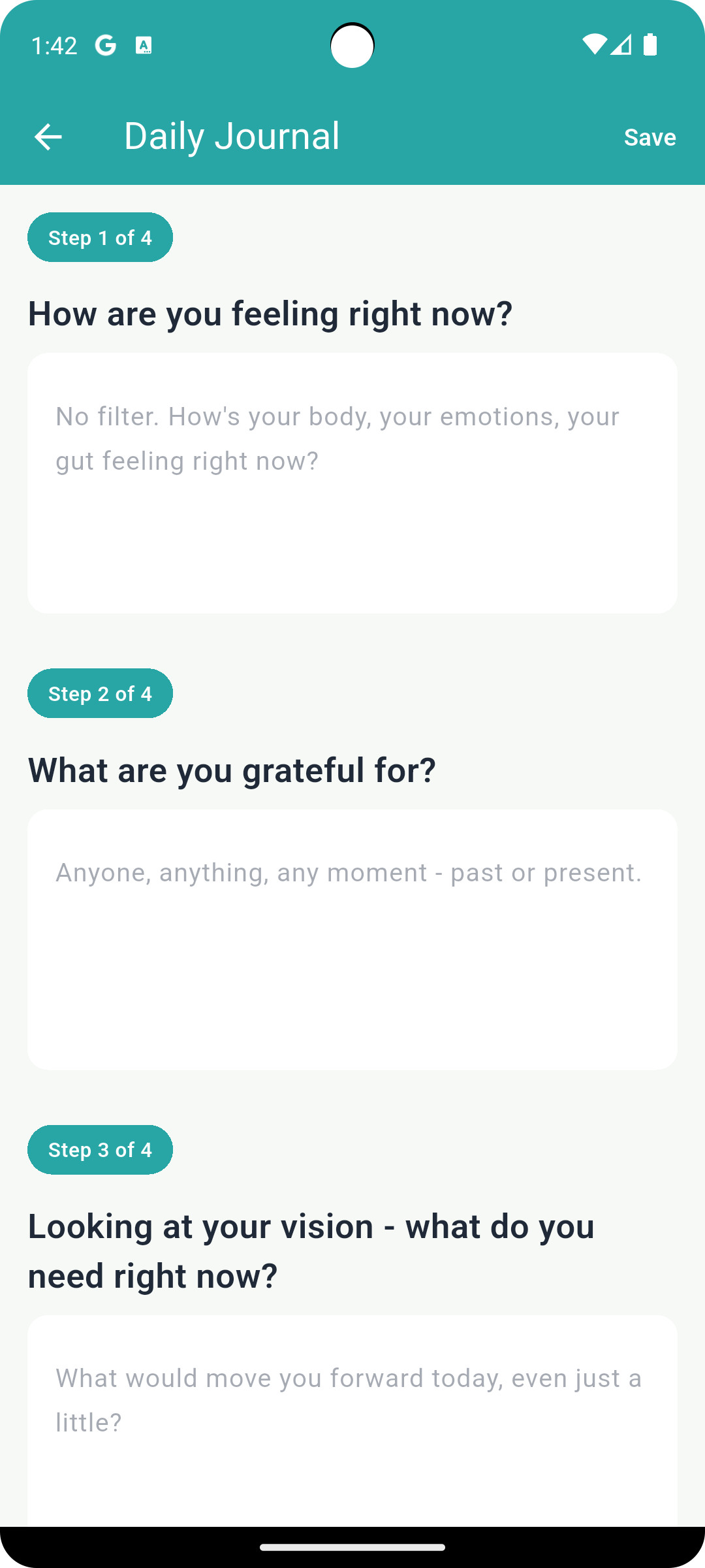 GlancePath 4-step morning journaling flow