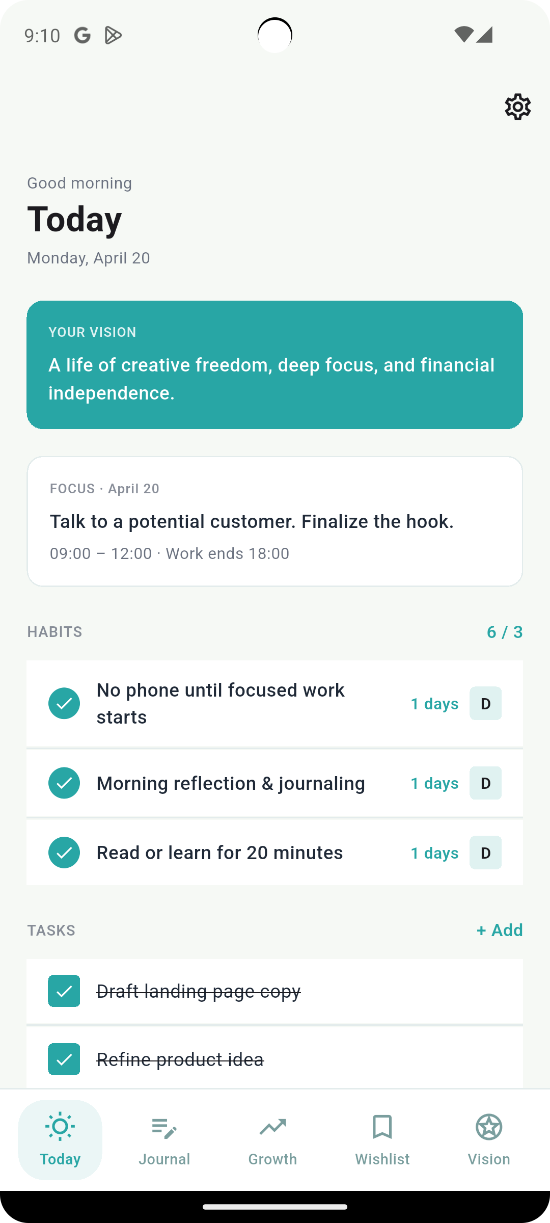 GlancePath Today screen showing vision, focus, habits, and tasks